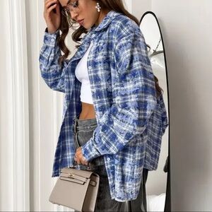 Vintage Plaid Shirt Blue Grey Medium